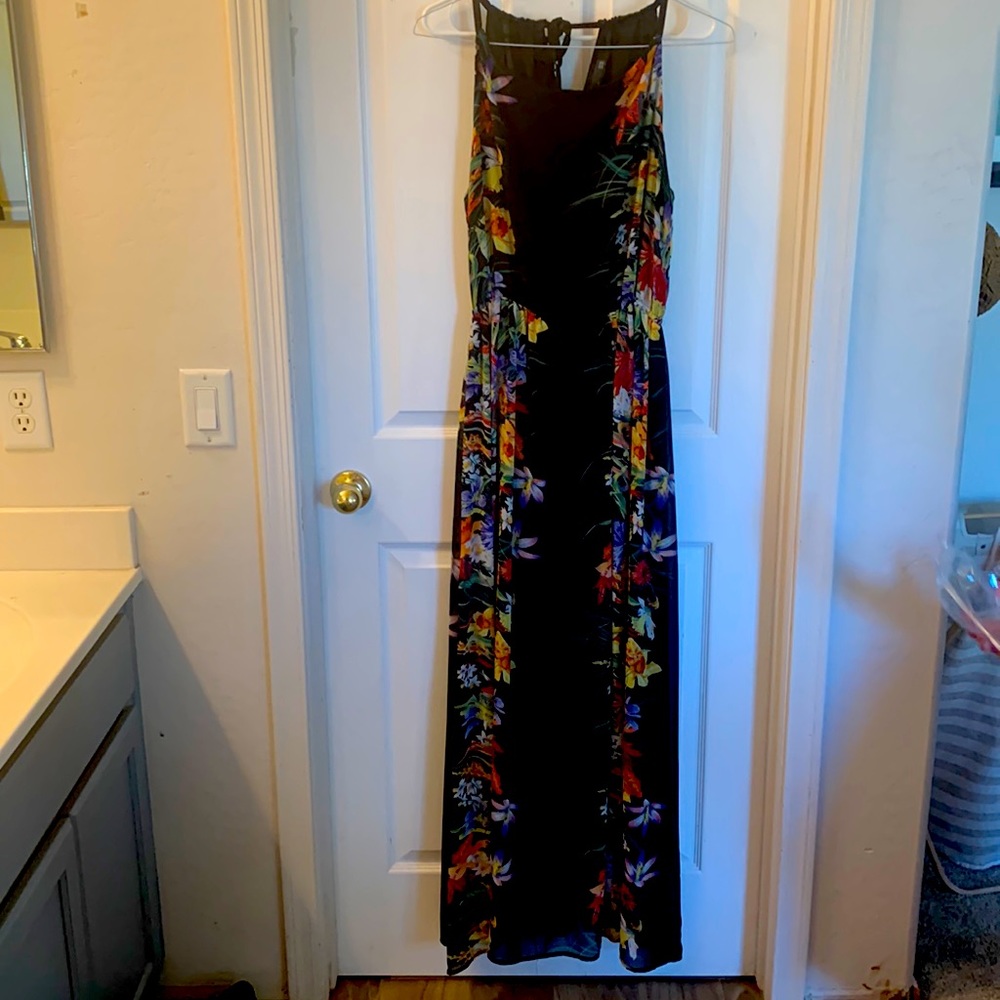 ModCloth Long black dress with tropical flower side panels. Size EU 38/UK 10.